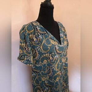 DR2 Teal Paisley Notch-Neck Blouse with Mustard Accents